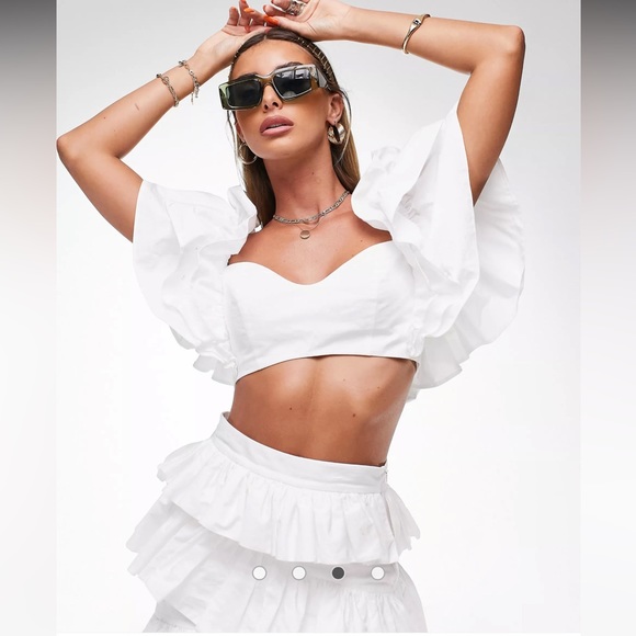 ASOS cotton ruffle sleeve bow back crop top in white - Picture 3 of 4